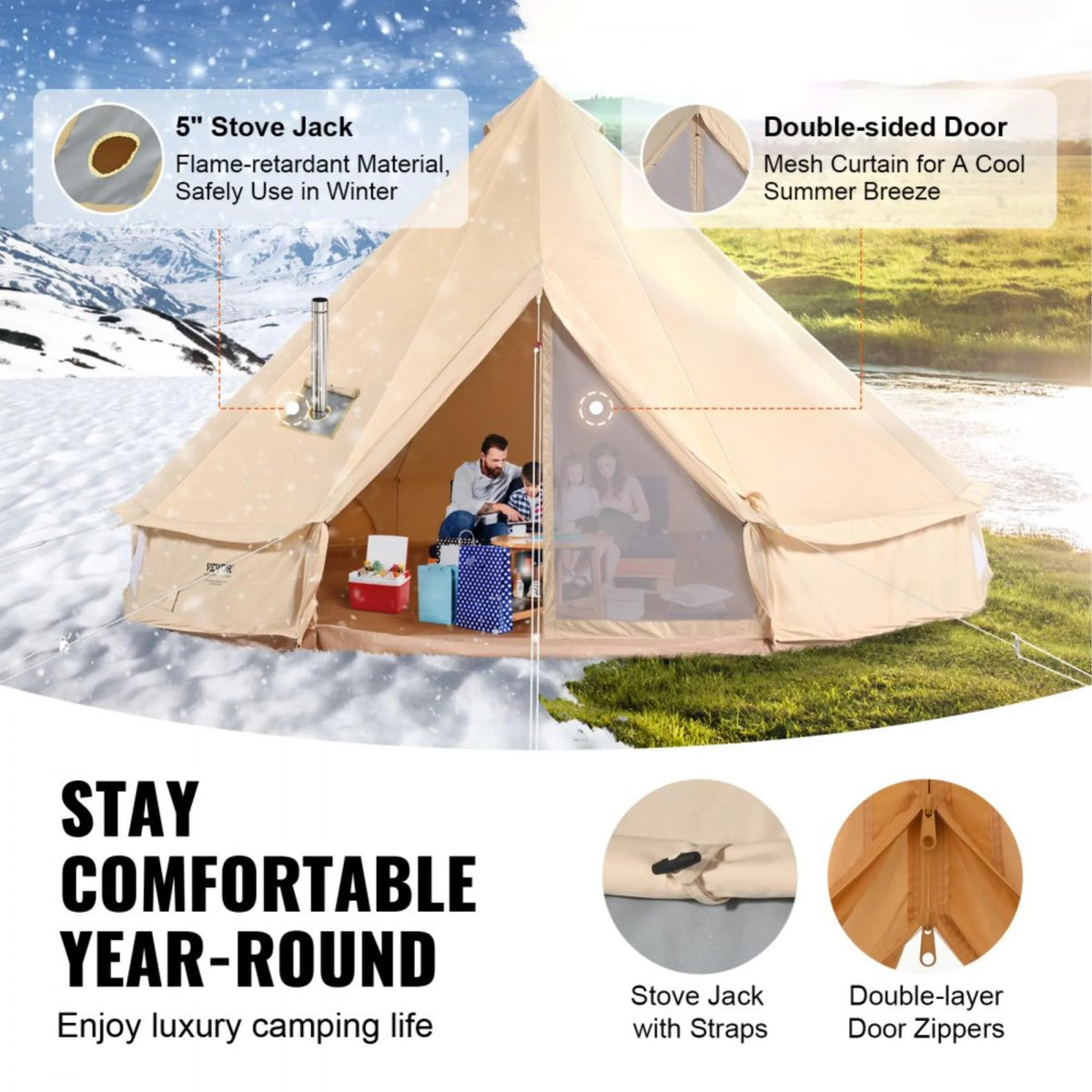 12-Person Waterproof Canvas Glamping Bell Tent with Stove Jack, Detachable Side Wall, Ideal for Family Camping (23'x23'x137, Diameter 7M)