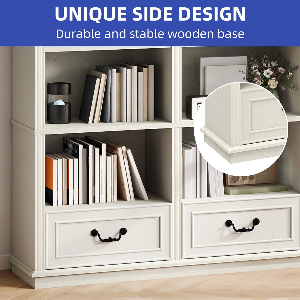 ModFusion 70" Distressed White Bookshelf with Adjustable Shelves and Two Drawers