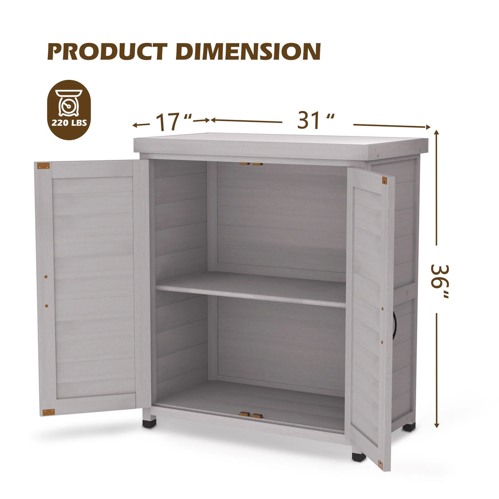 Tcbosik Outdoor Storage Cabinet & Potting Bench Table, Wooden Patio Furniture with Metal Top, Garden Workstation for Backyard, Lawn, Deck, Balcony, Gray