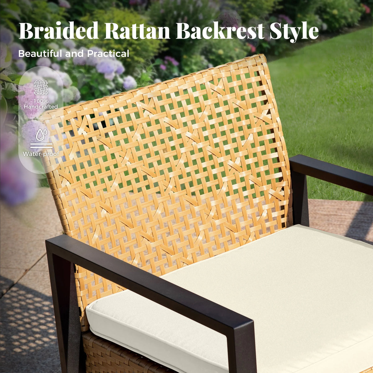 MF Studio 4-Piece All-Weather Rattan Patio Furniture Set, Outdoor Conversation Set with Wood Table, Brown and Beige