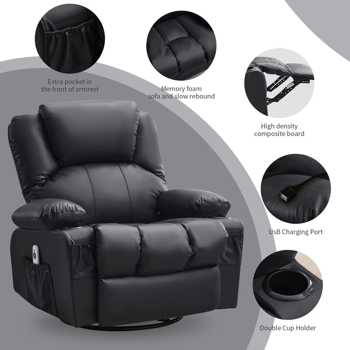 JONPONY Manual Recliner Chair with Heat Therapy and Massage Function, Heavy Duty Reclining Mechanism Massage Chair, Elderly Single Rocker Sofa with Cup Holders for Bedroom Home Theater,Black