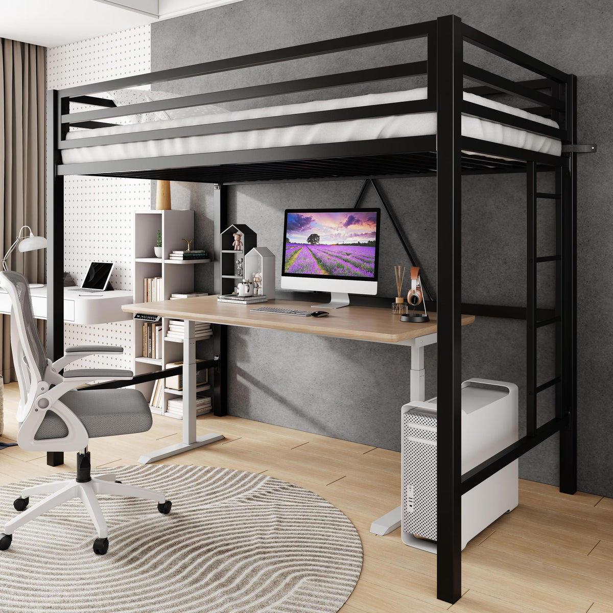 Amolife Twin Size Heavy Duty Metal Loft Bed with Removable Ladder & Full-Length Guardrail, Black