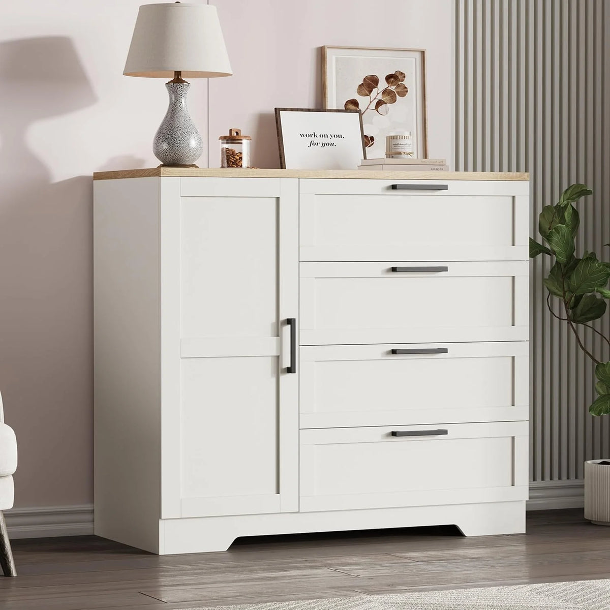 43.3" H Armoire Wardrobe Closet with 4 Drawers & Hanging Rod, Multifunctional Wood Storage Cabinet for Bedroom, Natural Oak