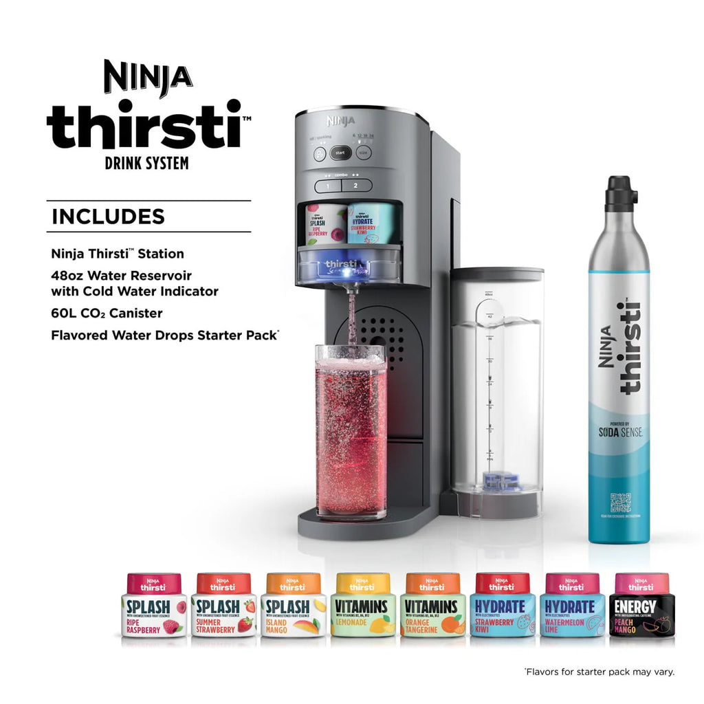 Ninja Thirsti Drink System Complete Still and Sparkling Customization Drink Kit with CO2 Canister, Flavors, and 48oz Reservoir
