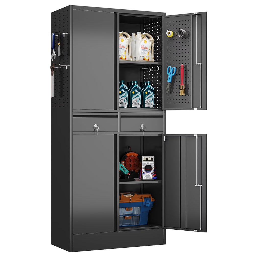 Aobabo 71.41''H Metal Garage Storage Cabinet with Lockable Doors and Hanging Rod,Broom Closet Storage Cabinet with Pegboard and Adjustable Shelves for Home Office School,Required Assembly,Black