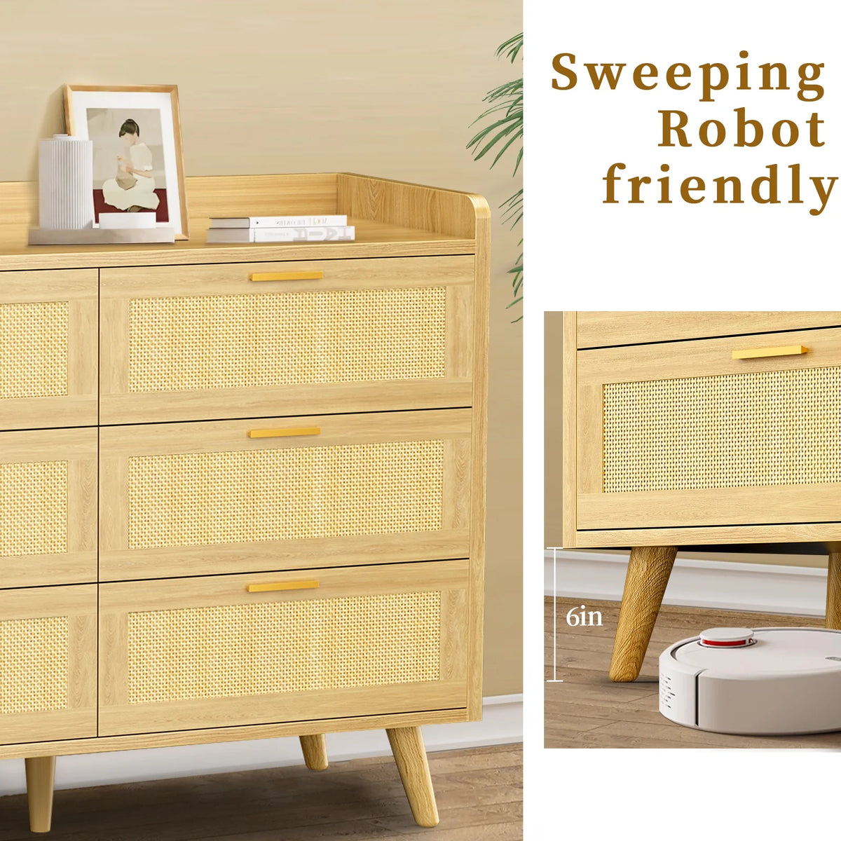 Capri 3 Drawer Dresser, Rattan Storage Wide Chest of Drawers, Night Stand Storage Cabinet for Women, Kids, Baby, Nursery, Girls, Bedroom Living Room Furniture, Natural