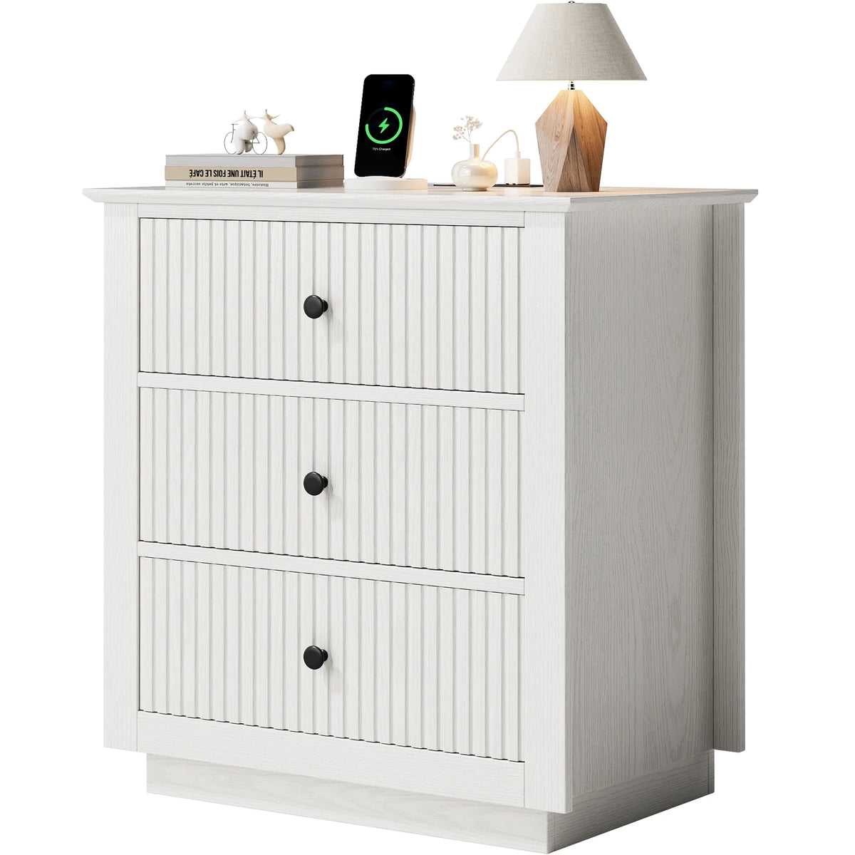 IDEALSOUL Nightstand Set of 2, 24" Wide End Table with Storage, Fluted Nightstand with USB Charging Station, Large 3 Drawers nightstand for Bedroom Living Room(2pc, White)
