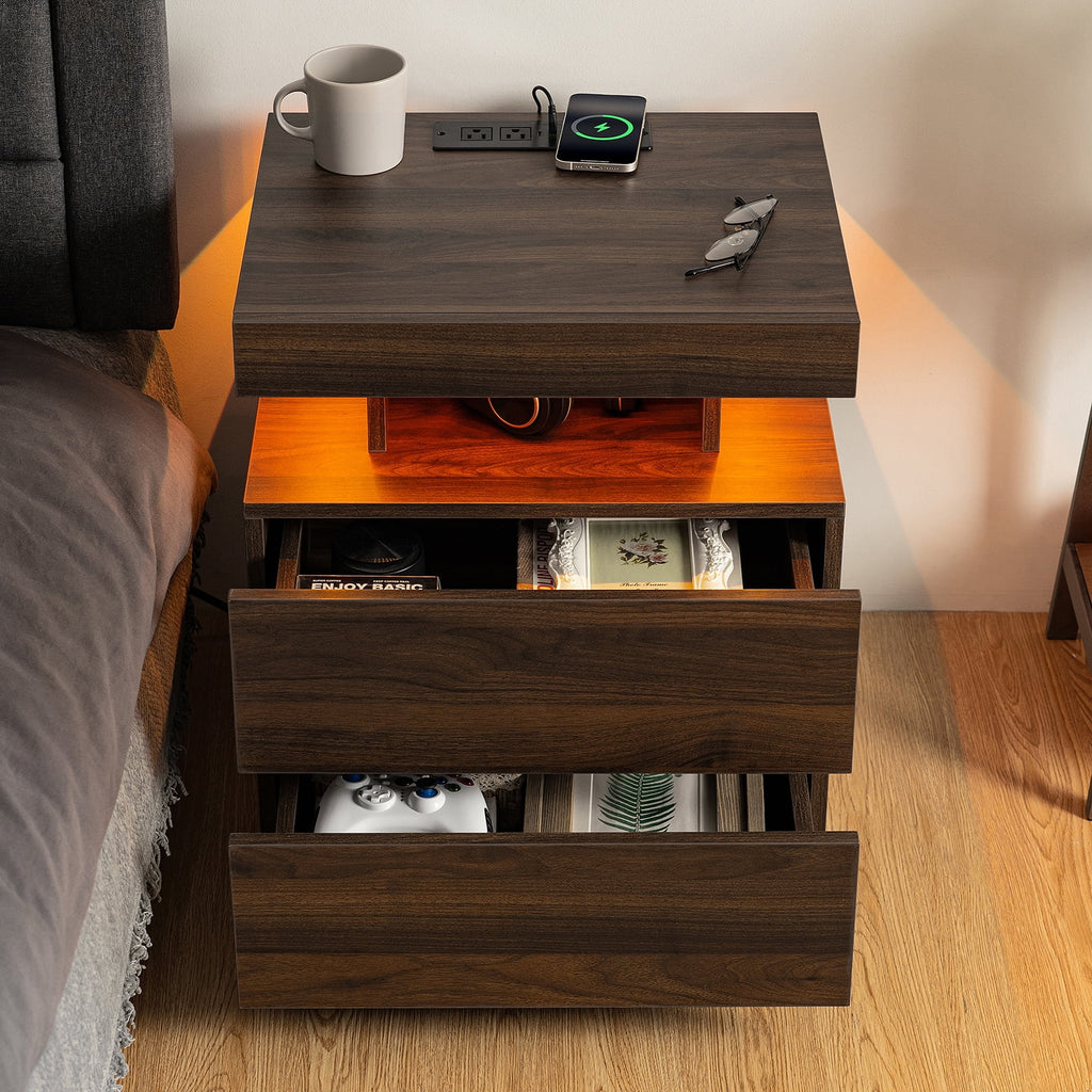 Hommpa LED Nightstand with Wireless Charging Station Modern Nightstand Type C USB Port 2 Drawers Bedside Table Black Smart Night Table High Gloss End Side Table for Bedroom Furniture 22.3" Tall