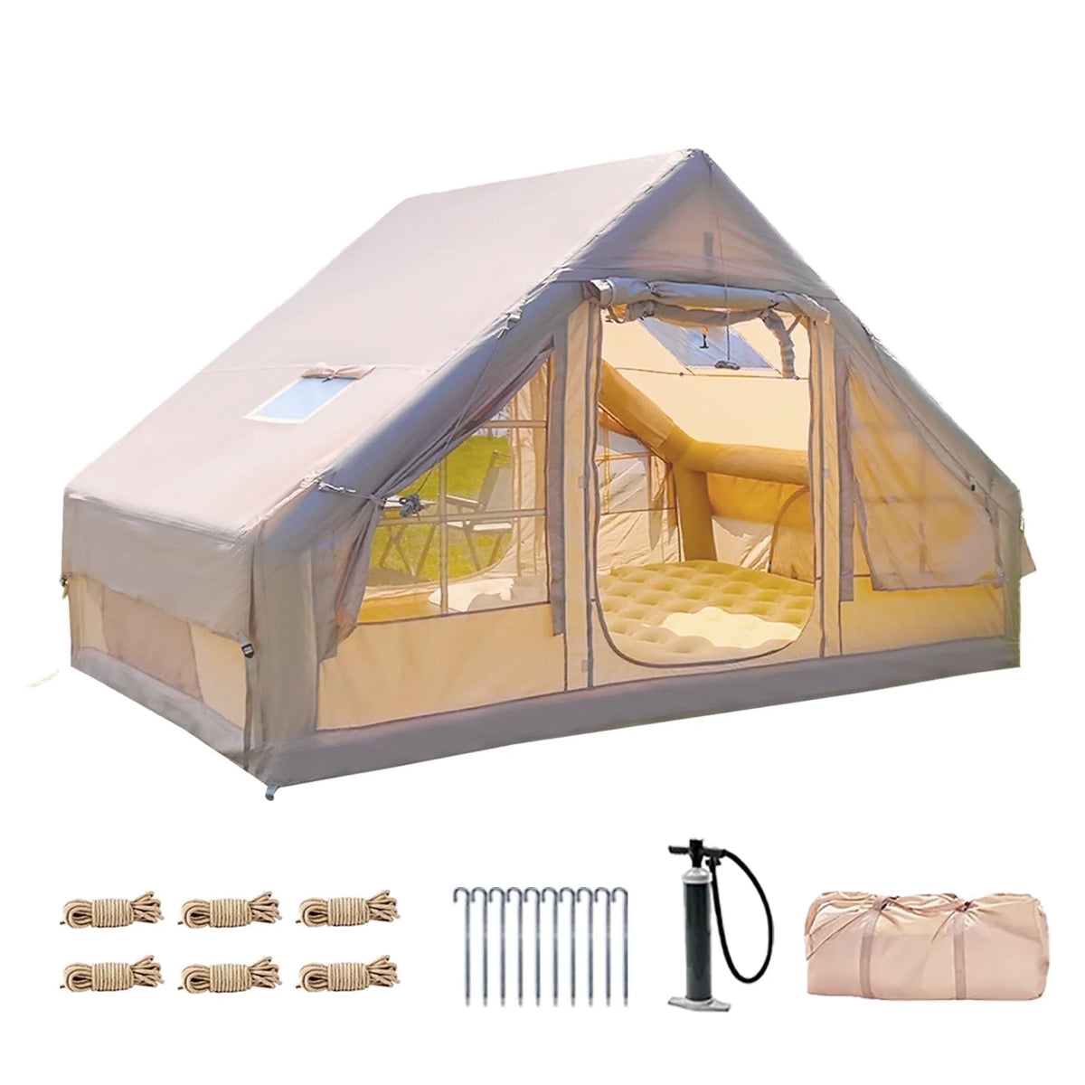 Inflatable Camping Tents 4/6/8/10 Person,129 Square Feets Large Blow up Tent with Stove Jack