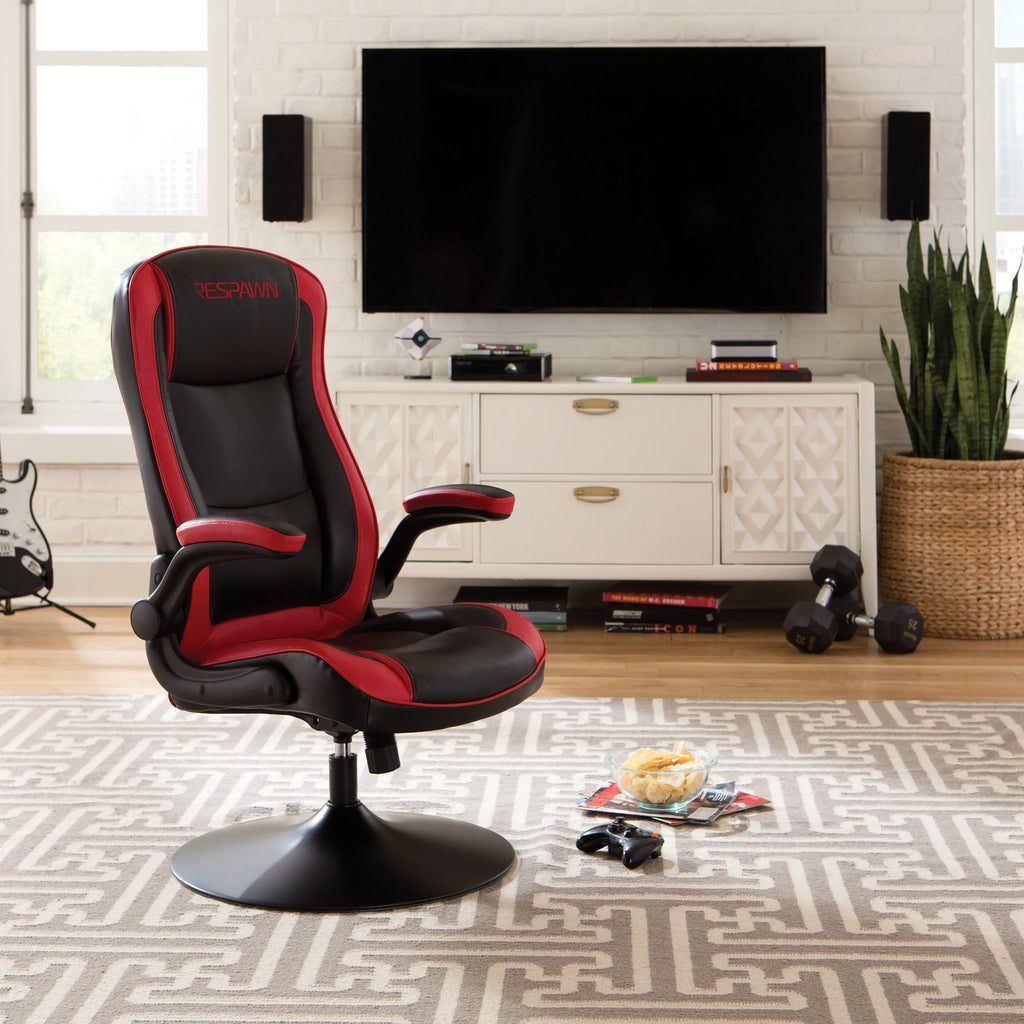 RESPAWN 800 Swivel Rocker Gaming Chair - Ergonomic Floor Gaming Seat with Lumbar Support, Flip Up Armrest, High Back, Pedestal Base, Comfortable No Wheels Console Video Game Rocker Chair - Red