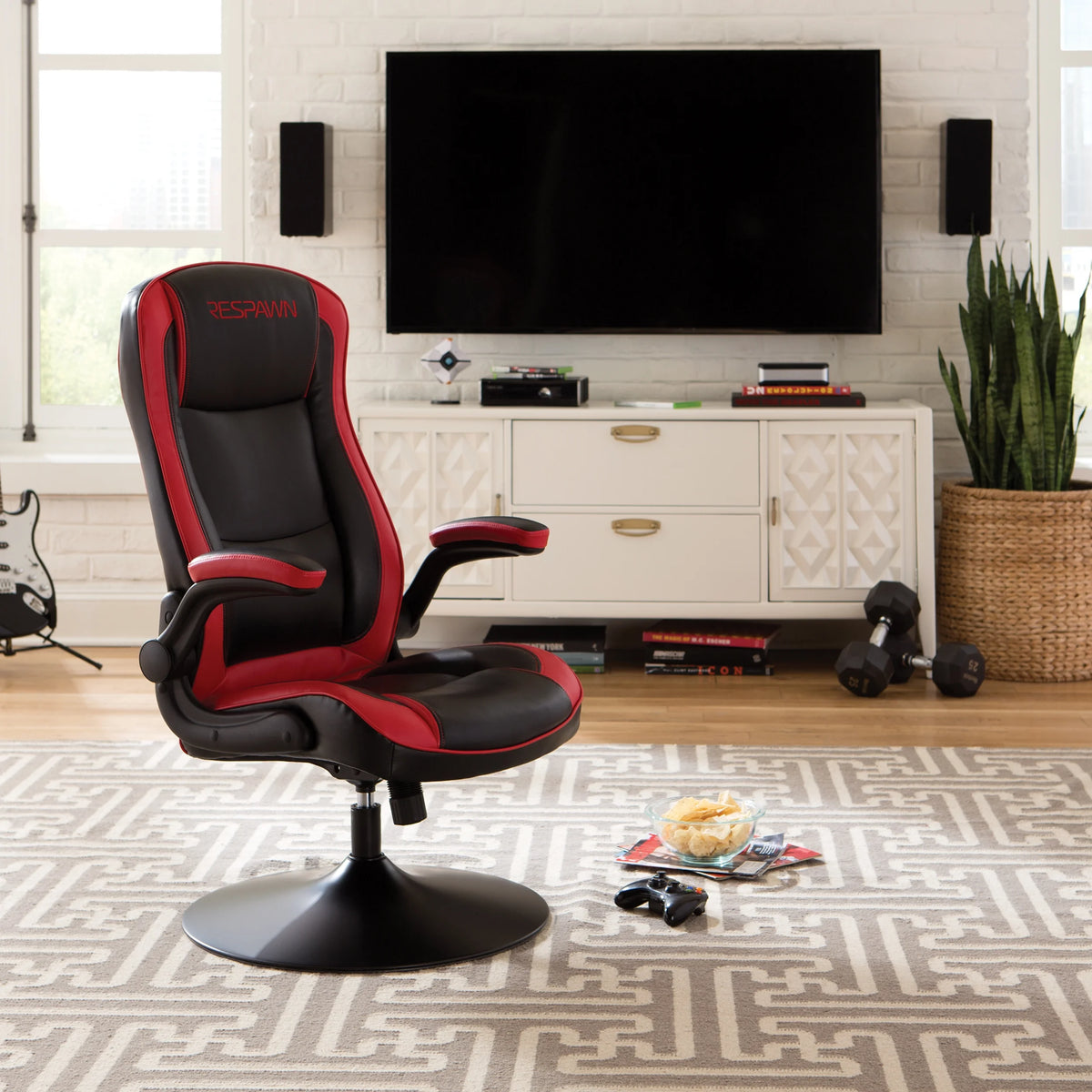 RESPAWN 800 Swivel Rocker Gaming Chair - Ergonomic Floor Gaming Seat with Lumbar Support, Flip Up Armrest, High Back, Pedestal Base, Comfortable No Wheels Console Video Game Rocker Chair - Red