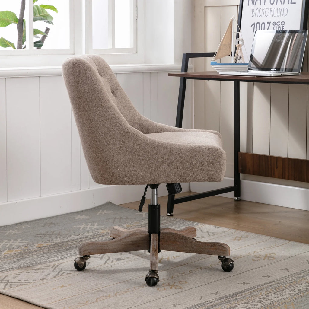 360 Degree Swivel Office Desk Chair, Upholstered Leisure Vanity Chair with Solid Wood Base and Wheels, Adjustable Height Computer Chair for Bedroom Living Room, Brown