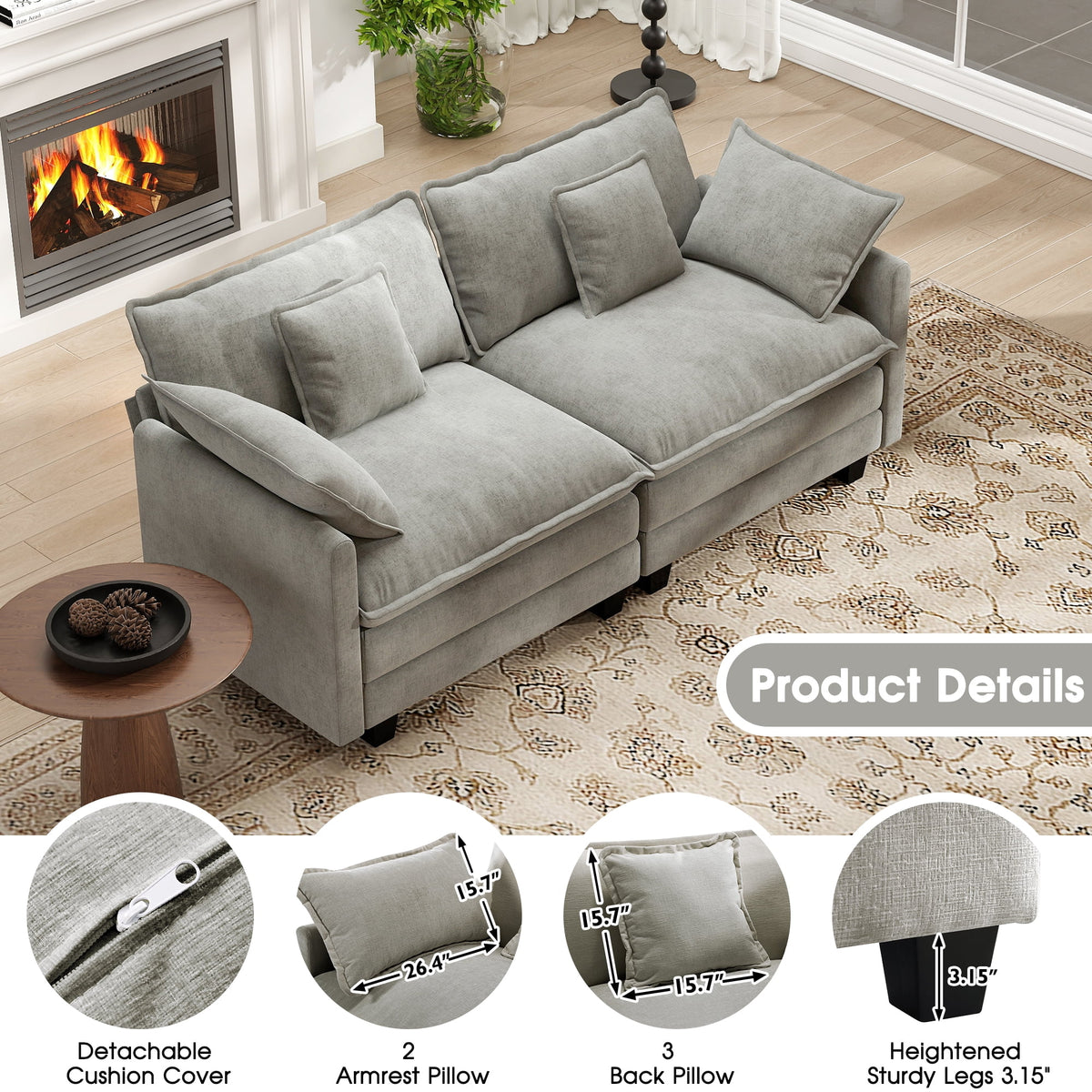BedLuxury 111.5'' Modular Sectional Sofa with Movable Ottomans, U Shaped Cloud Couch for Living Room, 3-Seat, Beige