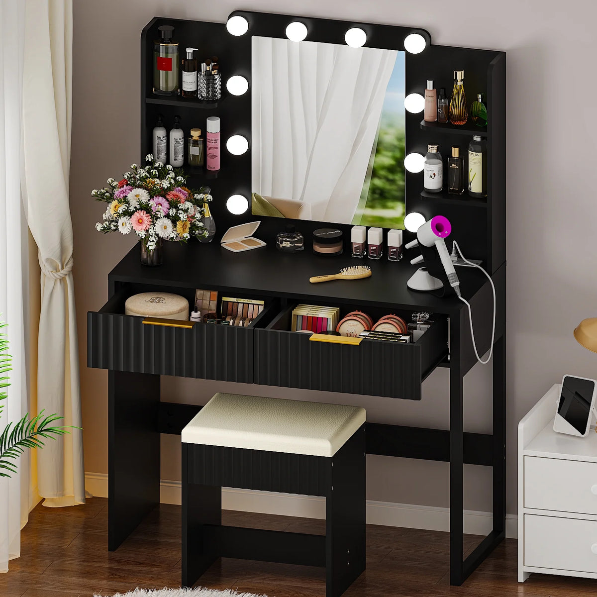 Ktaxon Lighted Makeup Vanity, White Vanity Table Set with 2 Drawer and Charging Station, Femal Gift