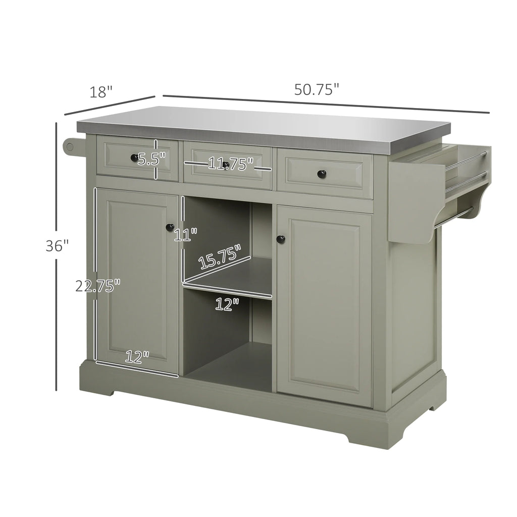 HOMCOM Rolling Kitchen Island on Wheels with Stainless Steel Top, Spice Rack & Drawers, Utility Portable Multi-Storage Cart on Wheels, Gray