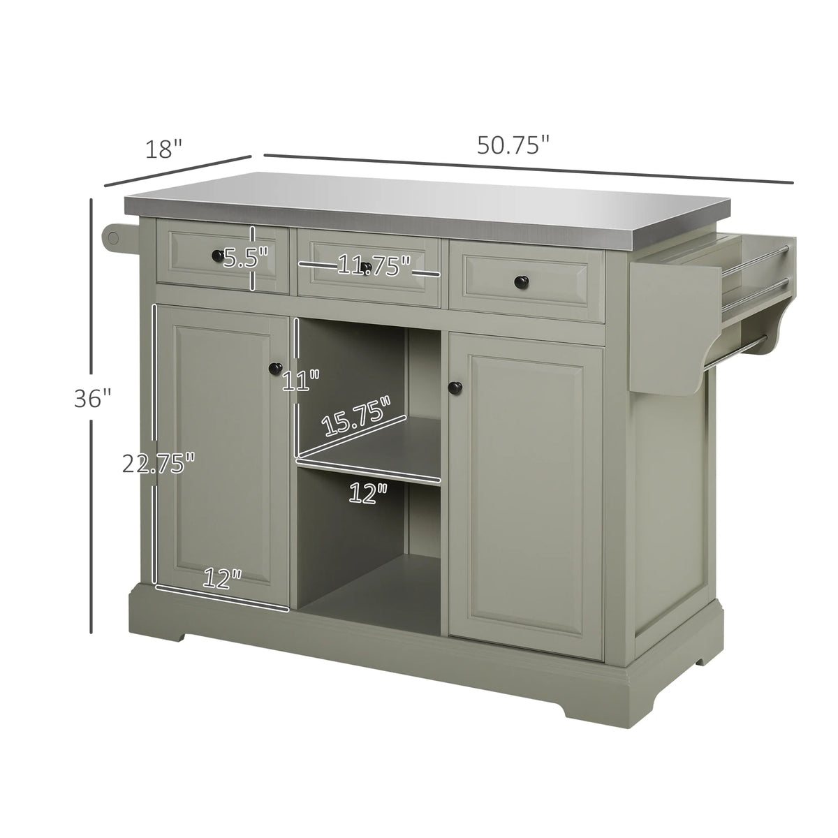 HOMCOM Rolling Kitchen Island on Wheels with Stainless Steel Top, Spice Rack & Drawers, Utility Portable Multi-Storage Cart on Wheels, Gray