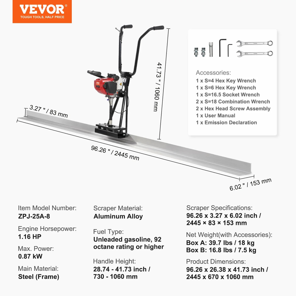 VEVOR Gas Concrete Power Screed, 8ft Aluminum Board Straight Edge Bar Set, 4 Stroke Cement Finishing Vibrating Motor with Height Adjustable Handles, High Efficient Concrete Tools 6500RPM
