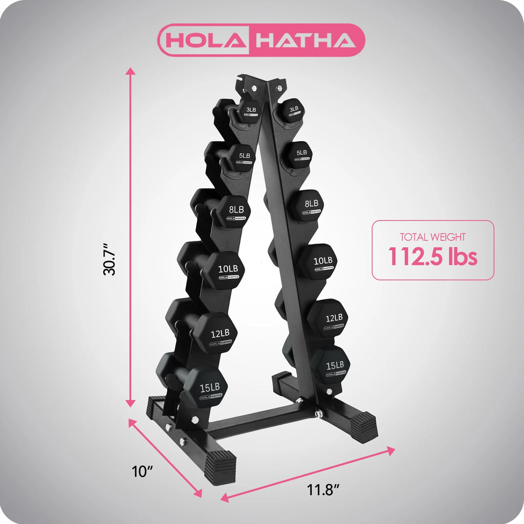 HolaHatha Neoprene Dumbbell Weight Set with Rack (Black), 112.5 lb