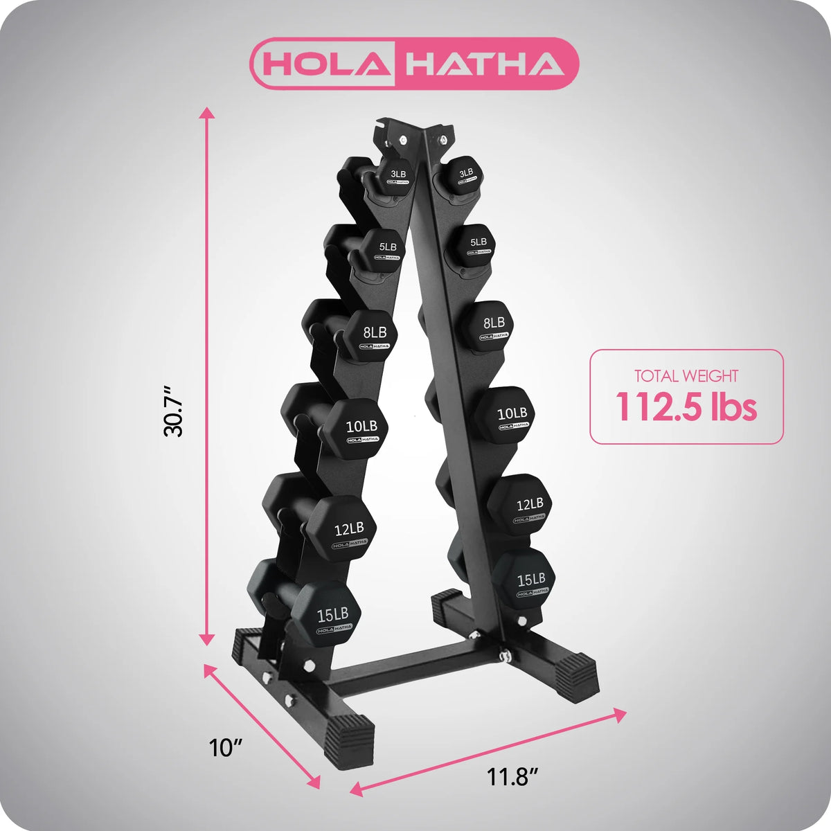 HolaHatha Neoprene Dumbbell Weight Set with Rack (Black), 112.5 lb