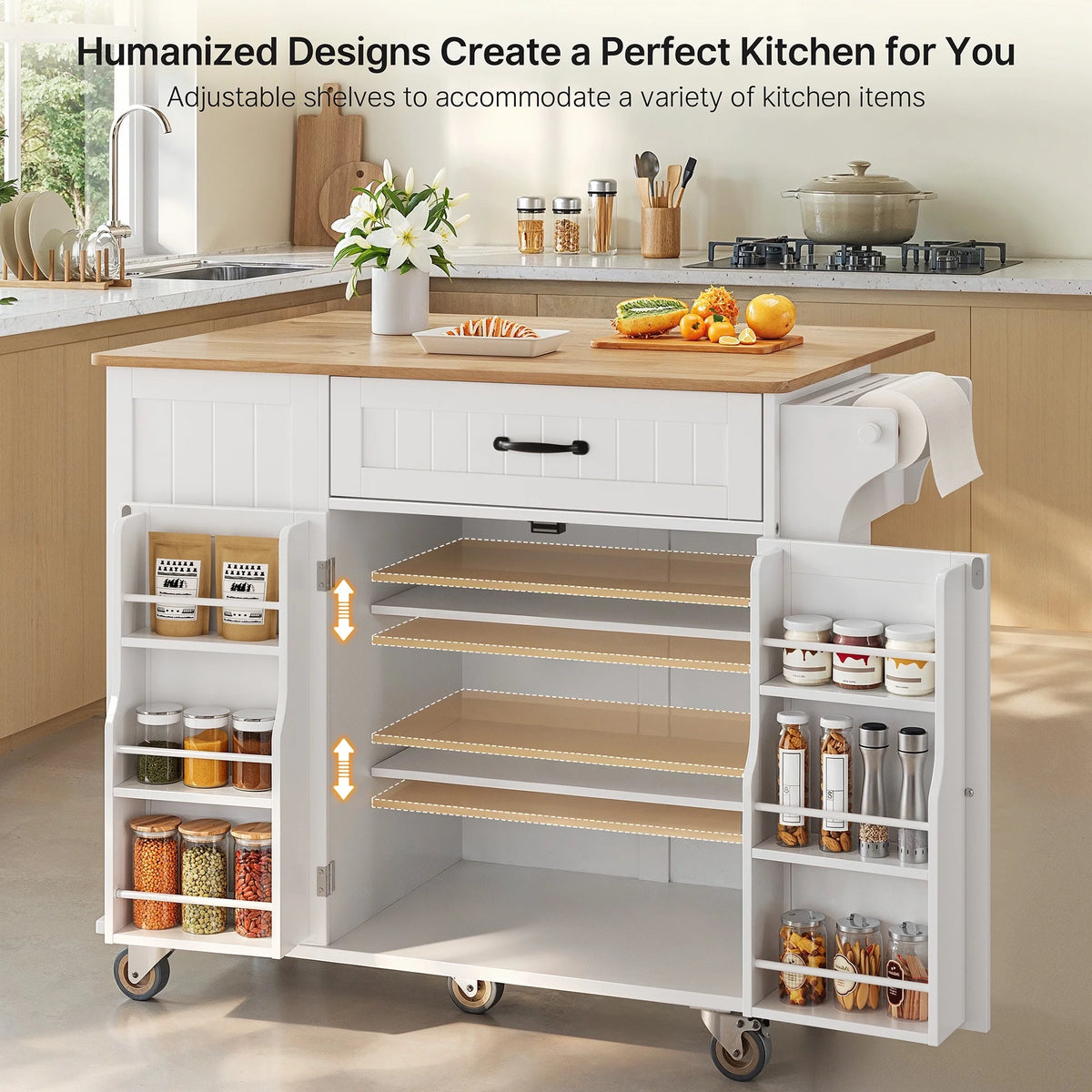 Noelse Rolling Kitchen Island with Drop Leaf Table and Hidden Trash Cabinet, Mobile Kitchen Cart with Storage Drawer, Adjustable Shelves & Rubberwood Countertop on Wheels, White