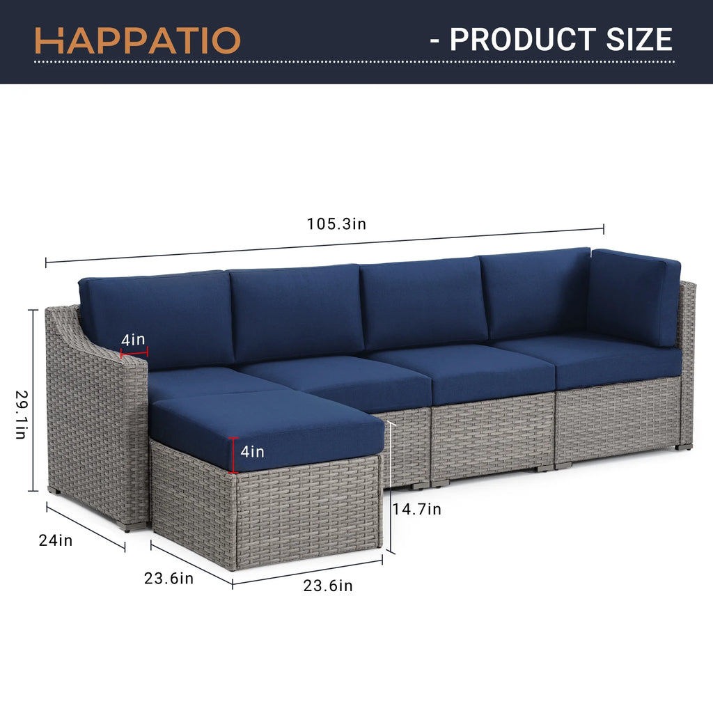 HAPPATIO 5-Piece Wicker Patio Conversation Set with Beige Cushions