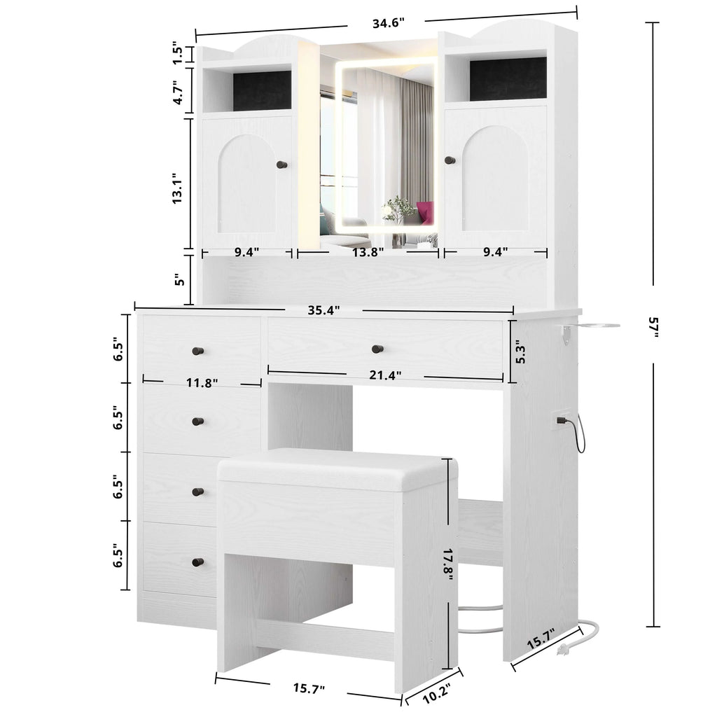 IRONCK White Vanity Set with Mirror and Lights, Makeup Vanity Desk with 5 Drawers & 2 Cabinets & Charging Station