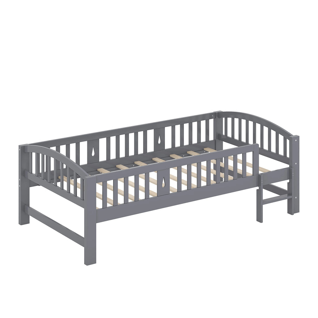 SESSLIFE Twin Size Platform Bed, Solid Wood Twin Bed Frame with Slats, Fence Guardrail Ladder, Twin Floor Bed with Strong Legs for Boys Girls, No Box Spring Needed, Holds 400 lbs, White