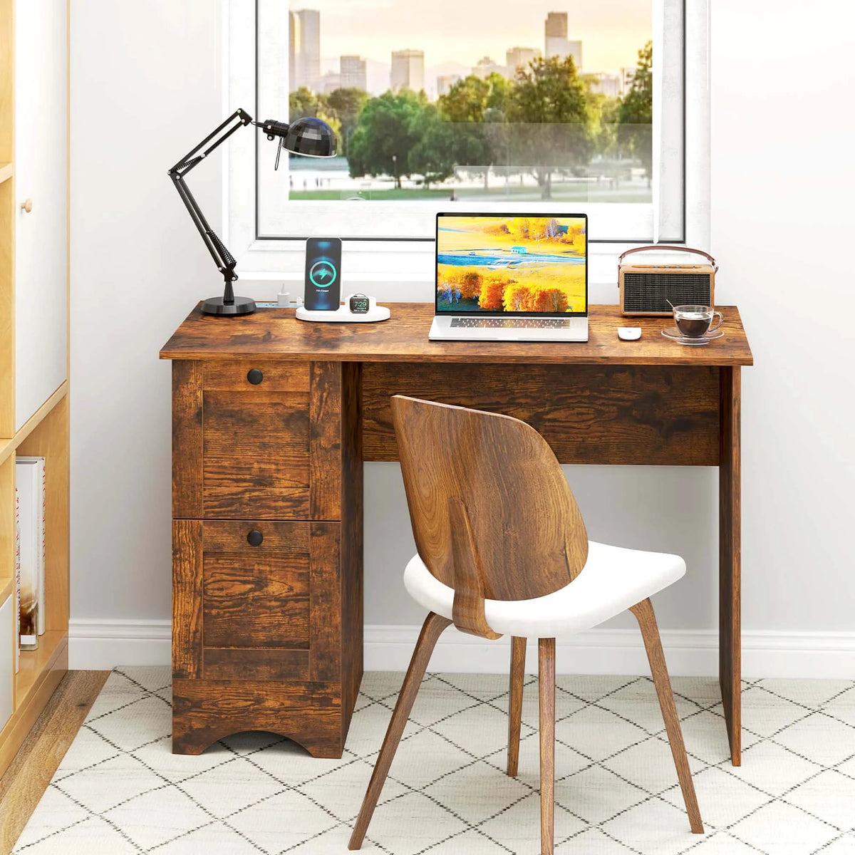 Costway 43" Home Office Desk with Charging Station Compact Study Writing Desk Walnut