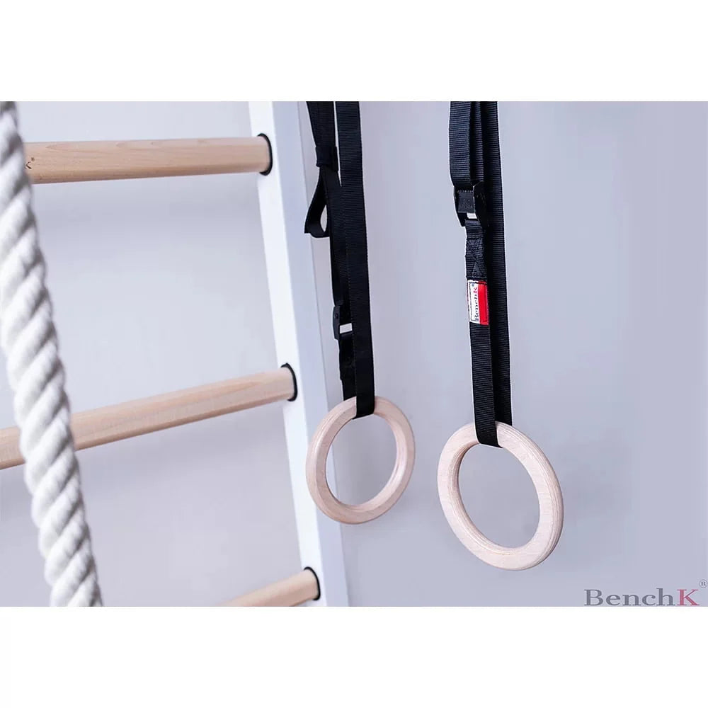 BenchK 211W + A204 White Wall bars for kids room with adjustable beech wood pull-up bar and gymnastic accessories