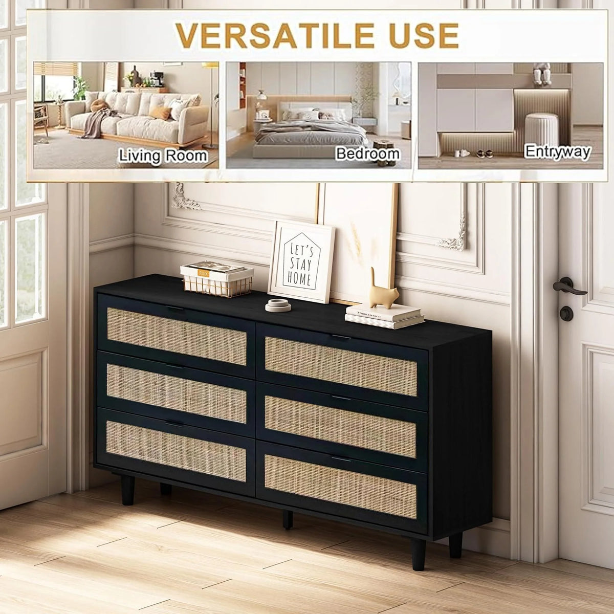 Wide 6 Drawer Rattan Dresser, Boho Dresser for Bedroom, Wooden Dresser Chest of Drawers, Natural