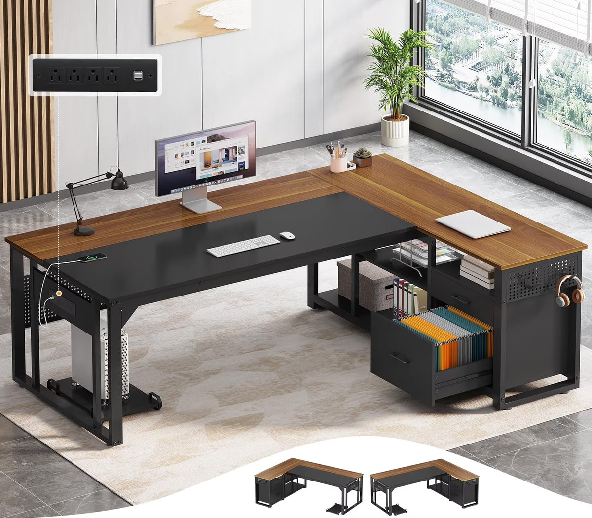 71" Executive Desk with Power Outlets, Modern L Shaped Office Desk with File Drawers and Pegboard, Large Computer Desk, Rustic Brown