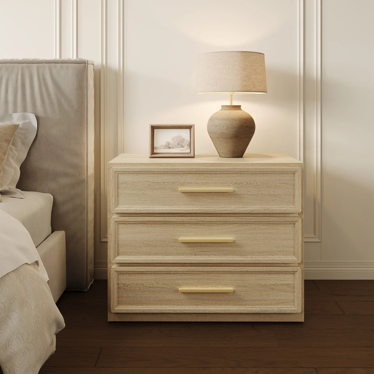 SICOTAS 31.3" W 3-Drawer Nightstand Set of 2 with Oversized Large Storage , Modern Night Stands Bedside Table with Adjustable Feet & Gold Handles for Bedroom Living Room Entryway, Light Oak