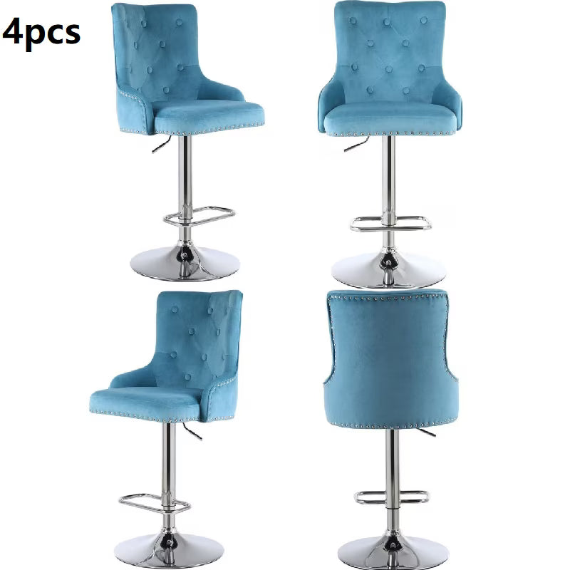Alexent  2PCS Swivel Bar Stools, High Back, Button Tufted, Silver Footrest and Nailhead Trim Swivel Bar Chairs for Kitchen, Bar Velvet Upholstered Bar Stools, Dark Blue