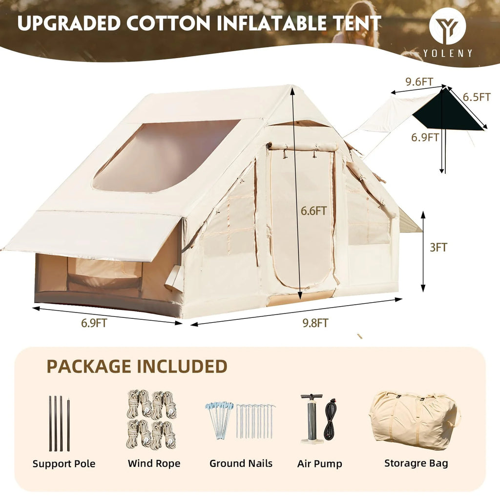 Erommy 3-4 Person Inflatable Tents for Camping with Large Rainproof Cover, Blow-Up Tent with Hand Pump, Easy Setup Tent House, Air Tent for Camping Adult,Beige