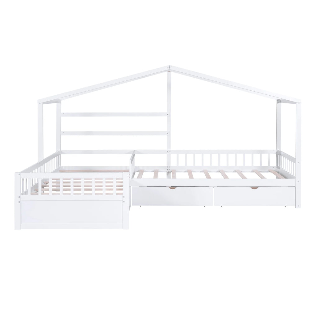 Bellemave House Bed Double Twin Beds, Wood L-Shape Twin Bed with 3 Storage Drawers, Montessori Bed with Roof and Fencefor Toddler Kids Girls Boys (White)