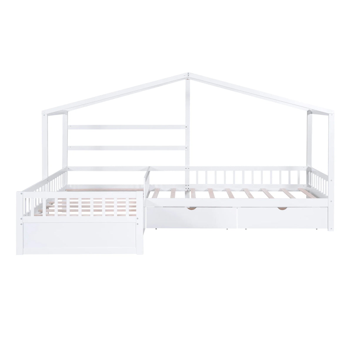 Bellemave House Bed Double Twin Beds, Wood L-Shape Twin Bed with 3 Storage Drawers, Montessori Bed with Roof and Fencefor Toddler Kids Girls Boys (White)