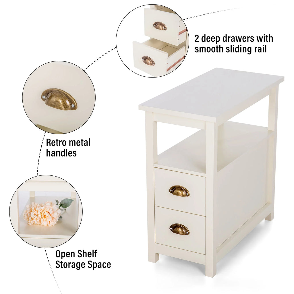 Alpha Joy Narrow End Table 4-Tier Small Side Table with 2 Drawers Nightstand Side Table Bedside Table Sofa Table, White, 2PCs
