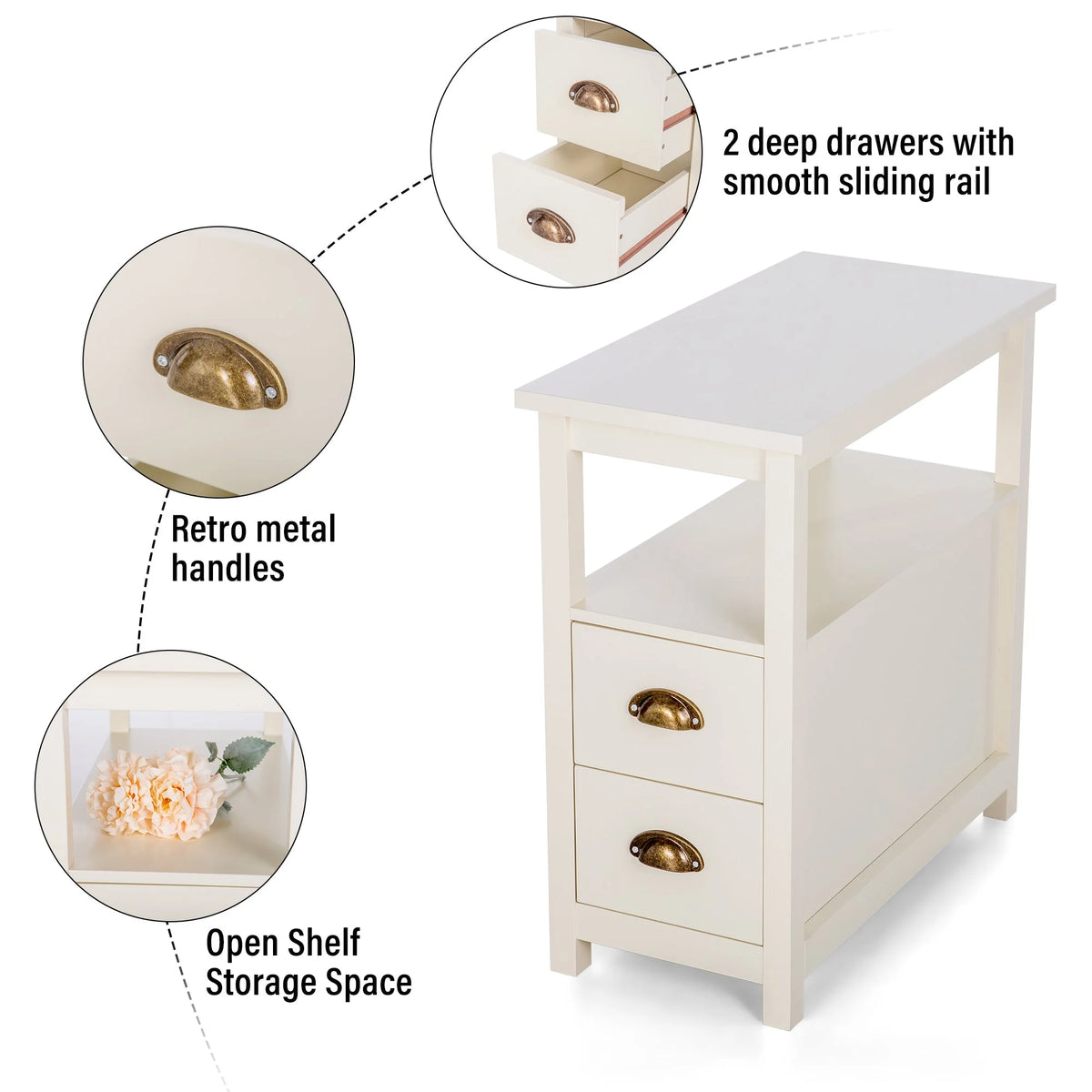 Alpha Joy Narrow End Table 4-Tier Small Side Table with 2 Drawers Nightstand Side Table Bedside Table Sofa Table, White, 2PCs