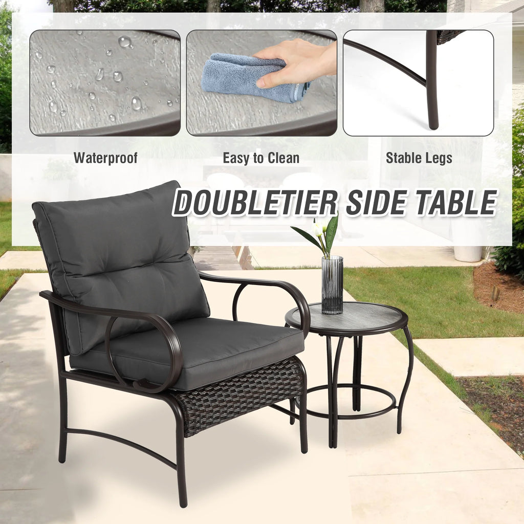 Villeston 3 Piece Outdoor Wicker Conversation Patio Set, with 2 Chairs, Table for Porch Garden,Blue
