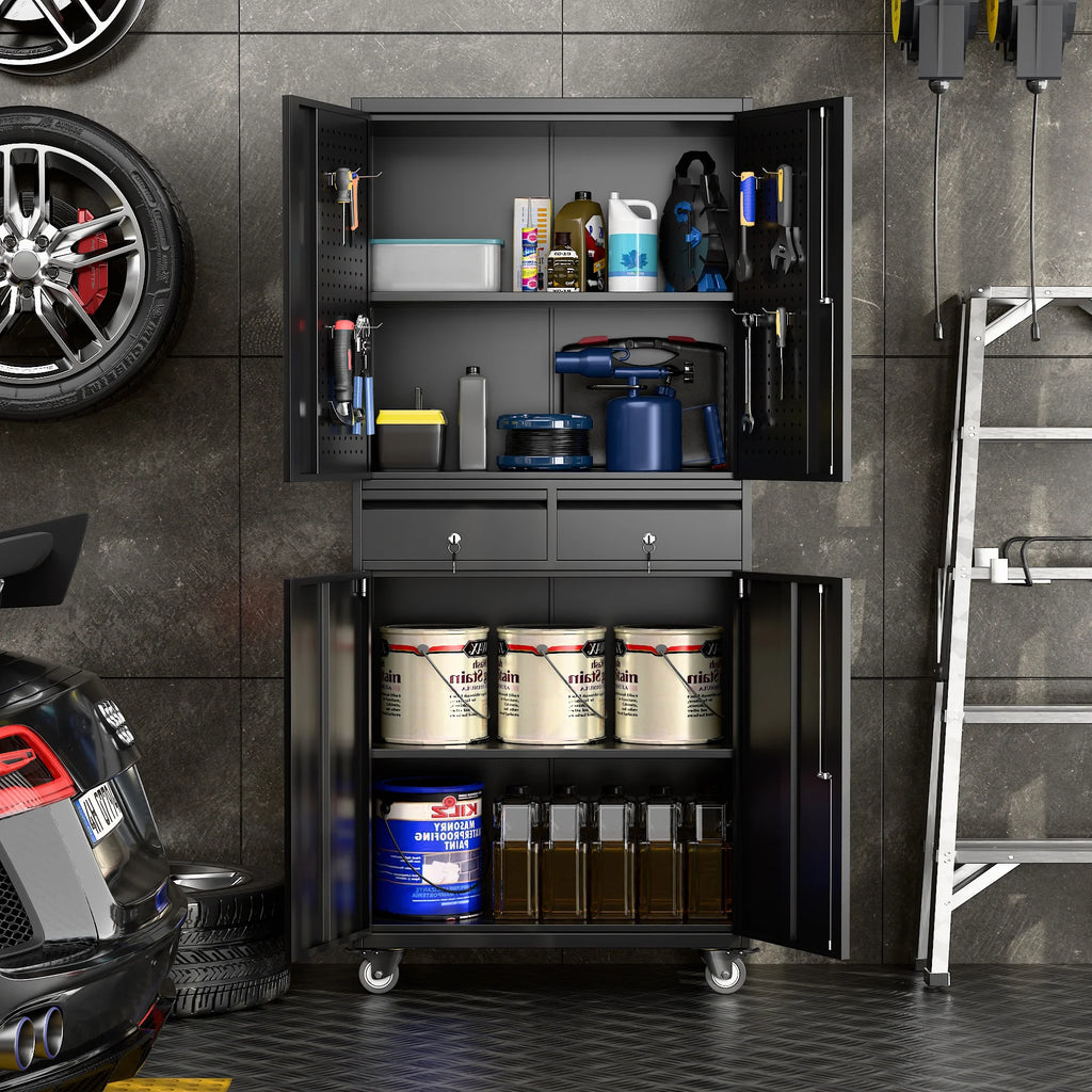 SUPEER 71" Metal Storage Cabinets with Wheels and Pegboards, Industrial Cabinet with 2 Drawers and 2 Adjustable Shelves,, Assembly Required