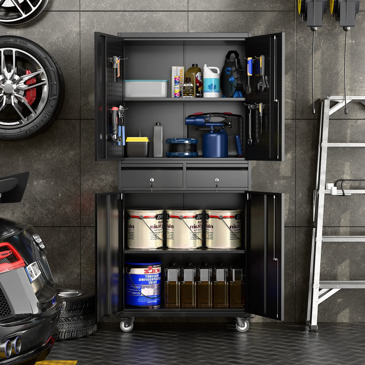 SUPEER 71" Metal Storage Cabinets with Wheels and Pegboards, Industrial Cabinet with 2 Drawers and 2 Adjustable Shelves,, Assembly Required