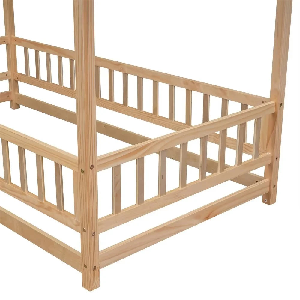 Twin Size House Bed for Boys and Girl, Wooden Canopy Bed Tent Bed, Playhouse Design Bed Frame with Full-lenth Guardrail, Bedroom Furniture, 79.5��L x 44.8��W x 66.2��H, White
