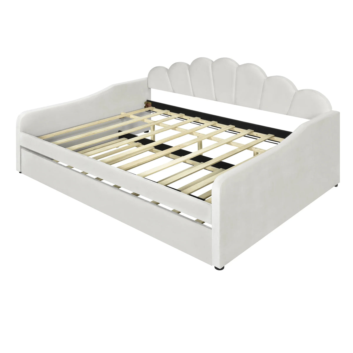 EUROCO Upholstery Full Size Platform Bed, Upholstered Daybed with Headboard and Trundle, Beige