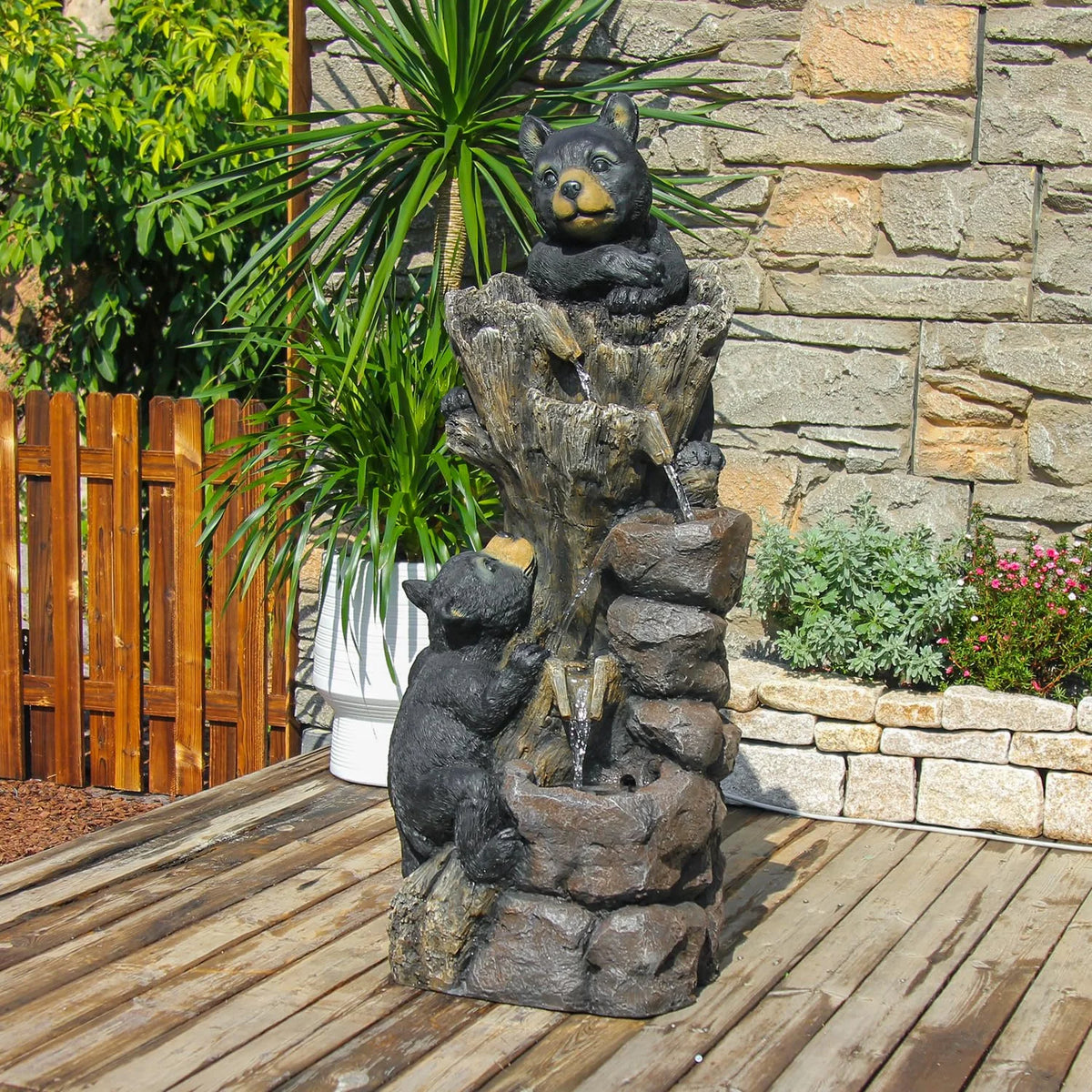 40.16" H 5 Tier Outdoor Fountain Black Bears Climbing Tree Garden Water Fountain Outdoor Water Feature Resin for Farmhouse Patio Yard Deck Home Lawn Porch House Relaxation Exterior Balcony