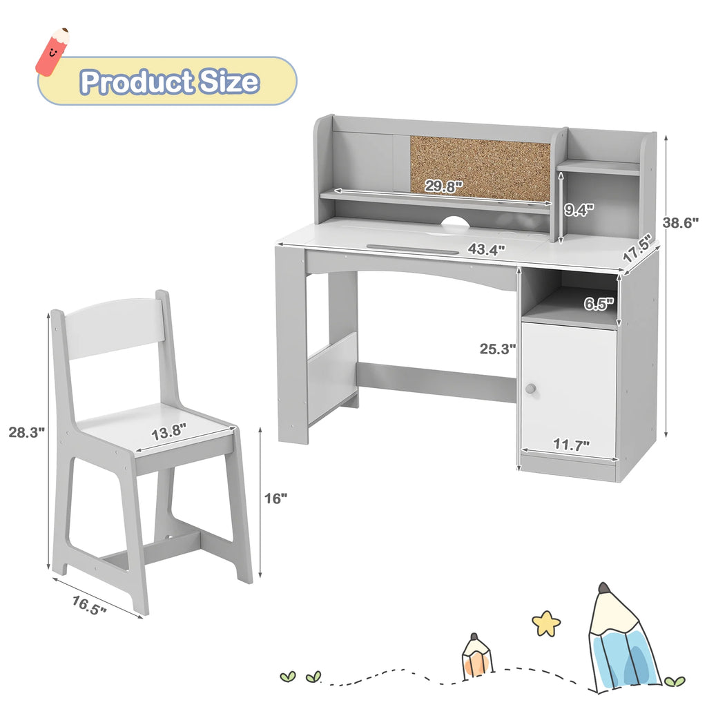 Reasea Kids Study Desk and Chair Set with Tiltable Desktop, Hutch & Storage - Wooden Writing Table for Ages 5-12, Grey