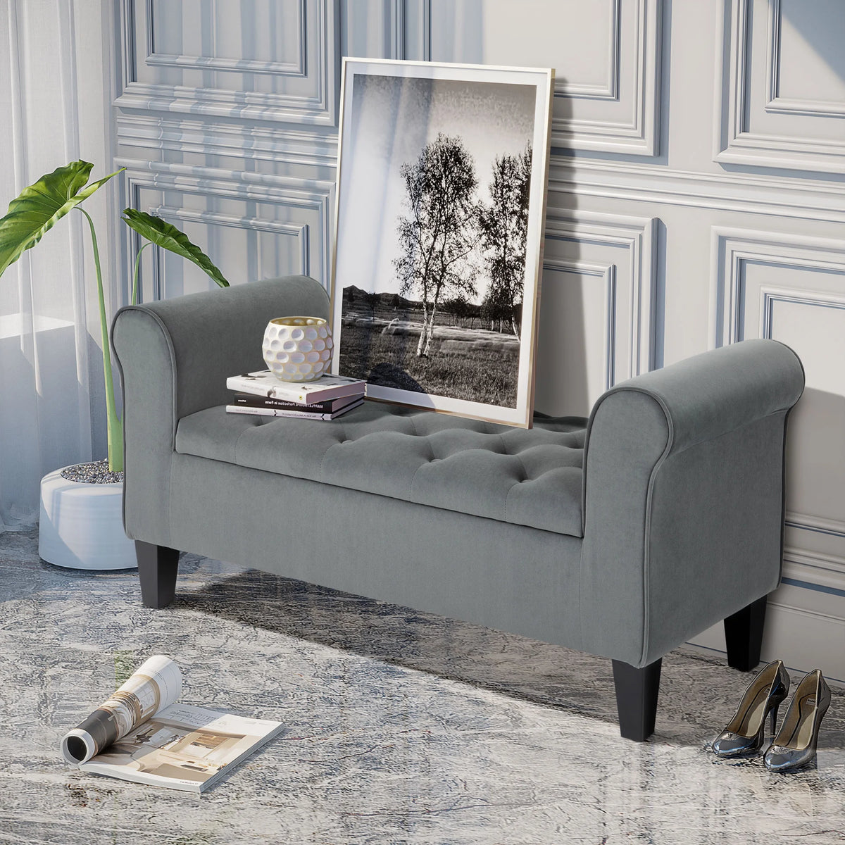 HOMCOM Button-Tufted Storage Ottoman Bench, Upholstered Bench with Rolled Armrests for Living Room or Hallway, Blue