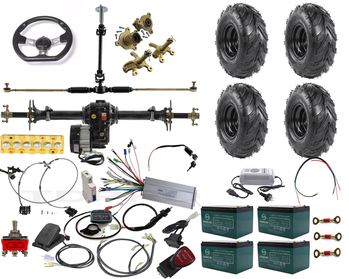 Rear Differential Axle Kit 48V 1000W Electric Motor Controller Battery Hydraulic Brake 145/70-6 Wheels Tires DIY Parts For Go Kart Golf Cart ATV Quad Buggy Trike Tricycle 4 Wheeler (30" Axle)