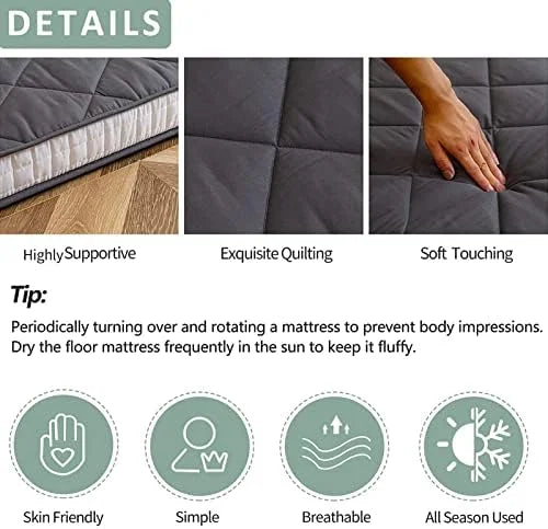 Japanese Floor Futon Mattress King Size, Floor Bed for Adults, Roll Up Folding Mattress, Diamond Patterned Japanese Futon Bed, Dark Grey