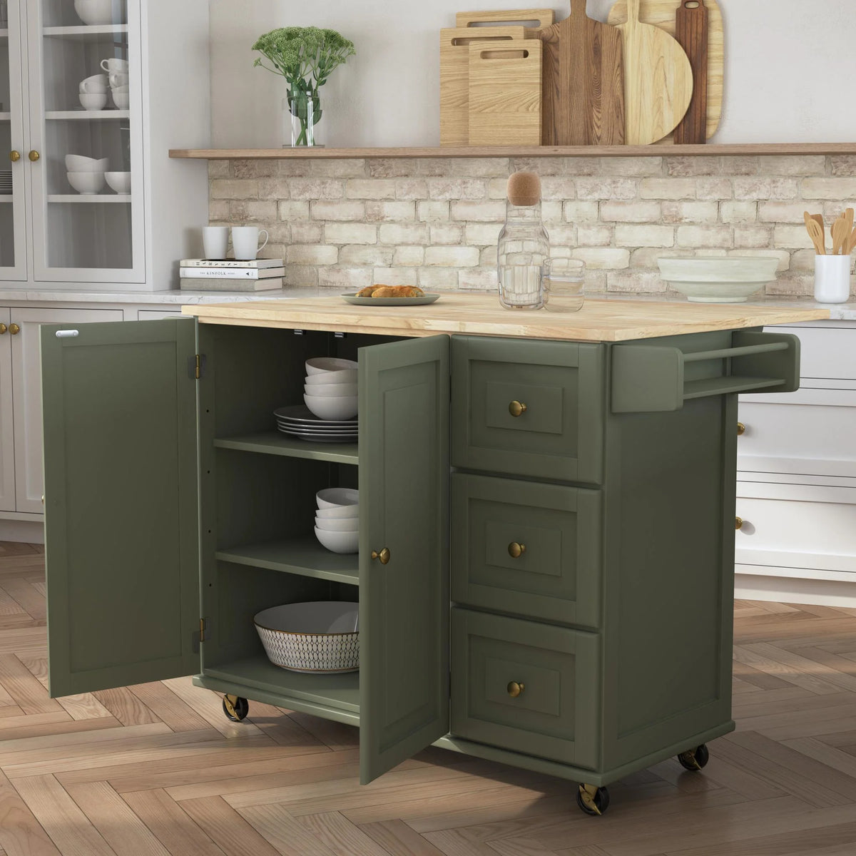 Homestyles Dolly Madison Engineered Wood Kitchen Cart in Sage Green/Brass