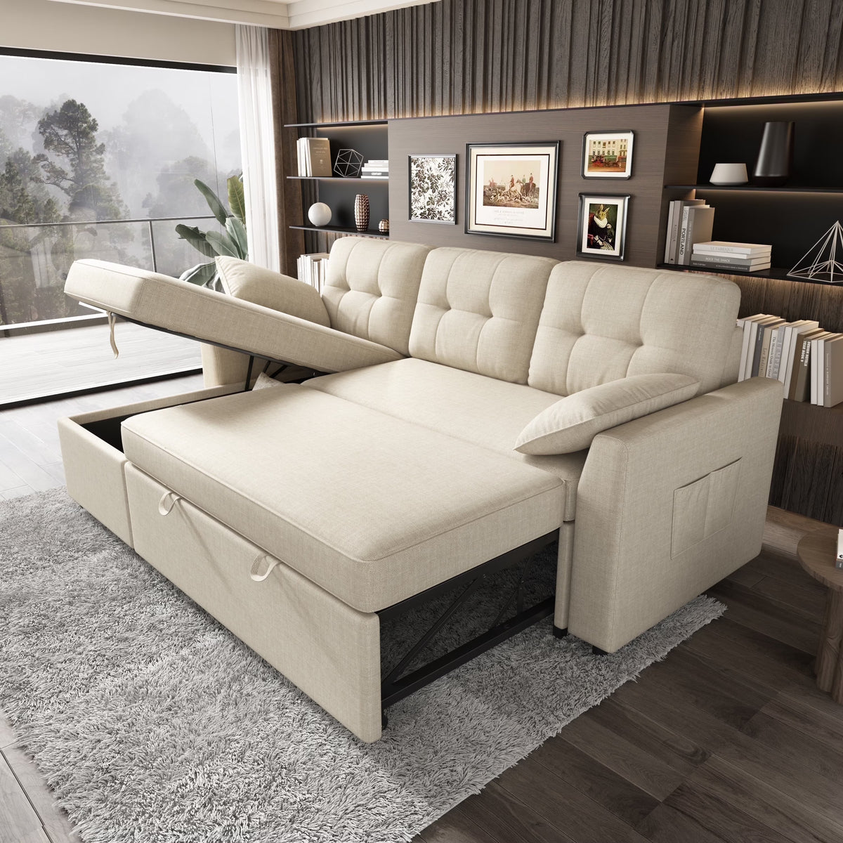 VANACC Sectional Sofa Bed with Storage and Soft Seat ,Reversible Pull Out Couch for Living Room,Beige